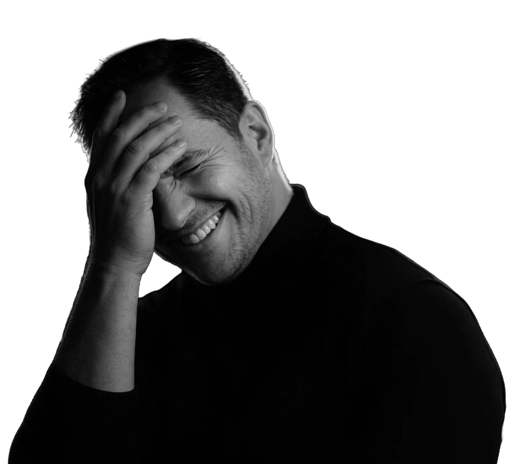 Danny Meijer, laughing with his hand on his forehead